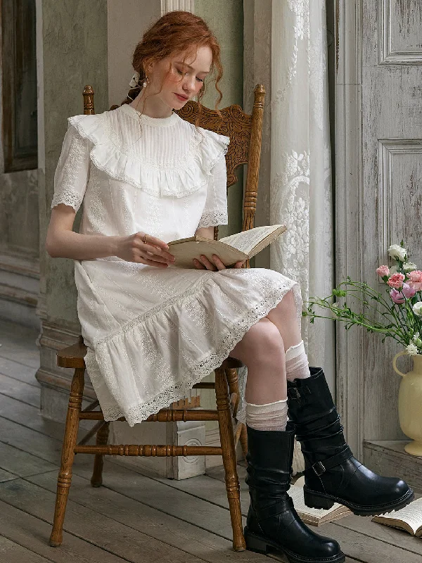 Lace - Embellished Women Dress for an Elegant and Sophisticated AppearanceLace - Embellished Women Dress for an Elegant and Sophisticated AppearanceAlanna Mock Neck Lace All Over Embroidered Puff Sleeve Ruffle Cotton Dress