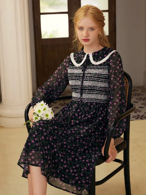 Long - Sleeve Women Dress in Velvet for a Luxurious Winter Look【Black Friday】Alisson Peter Pan Collar Lace-up Floral Print Dress