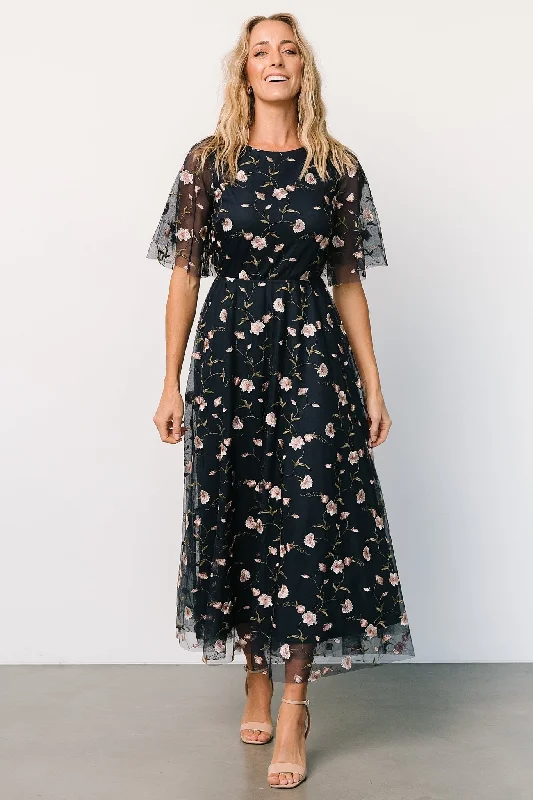 Mermaid - Style Women Dress with a Fitted Silhouette for Special OccasionsArabella Embroidered Tulle Maxi Dress | Pink + Navy