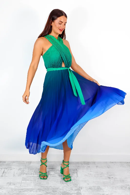 Off - the - Shoulder Women Dress for a Romantic and Feminine LookArtemis - Green Blue Ombre Pleated Maxi Dress