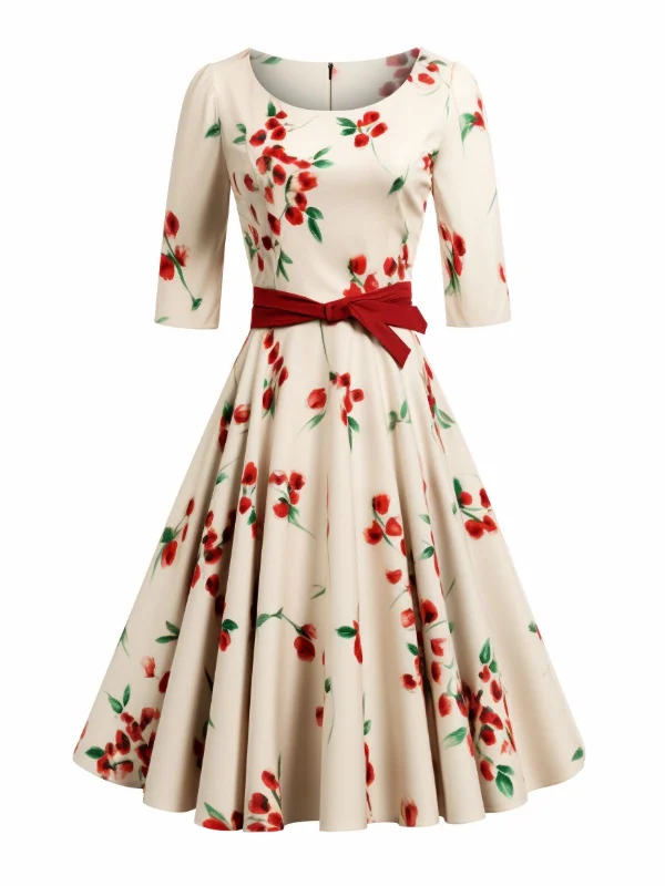 Sleeveless Women Dress in Bright Colors for Summer PartiesBeige 1950s Floral Half Sleeve Belted Dress