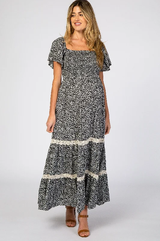Shift Women Dress with a Simple and Classic Design for Everyday Wear Shift Women Dress with a Simple and Classic Design for Everyday Wear Black Floral Square Neck Smocked Front Lace Trim Maternity Maxi Dress