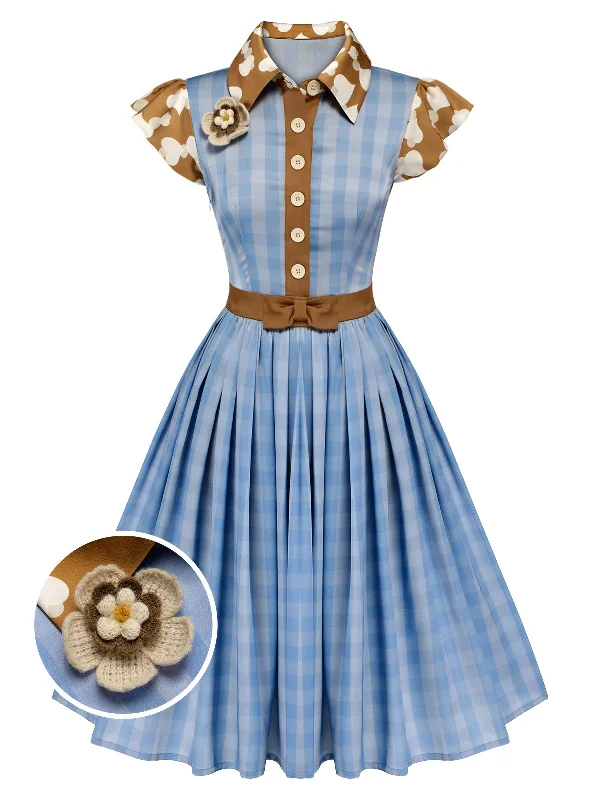 Plus Size Women Dress with a Flattering A - Line Cut for Comfort and StylePlus Size Women Dress with a Flattering A - Line Cut for Comfort and StyleBlue 1950s Lapel Bow Decor Plaids Patchwork Dress