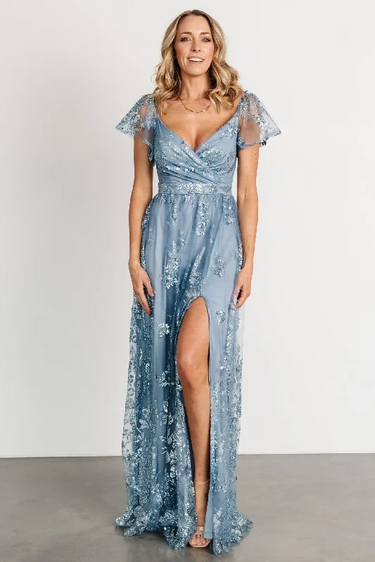 Wrap - Style Women Dress with Adjustable Fit for All Body TypesWrap - Style Women Dress with Adjustable Fit for All Body TypesCorinne Shimmer Maxi Gown | Slate Blue