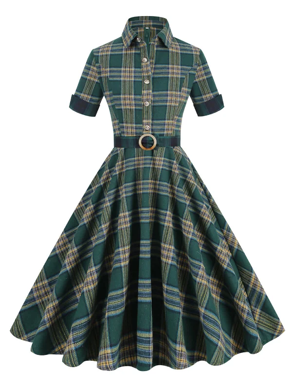 Sleeveless Women Dress in Bright Colors for Summer PartiesSleeveless Women Dress in Bright Colors for Summer PartiesDark Army Green 1950s Lapel Plaid Dress