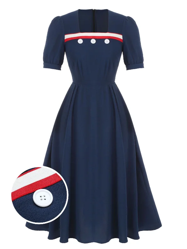 Wrap - Style Women Dress with Adjustable Fit for All Body TypesWrap - Style Women Dress with Adjustable Fit for All Body TypesDark Blue 1930s Square Neck Button Puff Dress