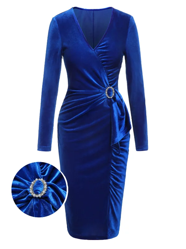 Mini Women Dress with a Short Hem for a Young and Trendy StyleDark Blue 1960s V-Neck Pleated Velvet Dress