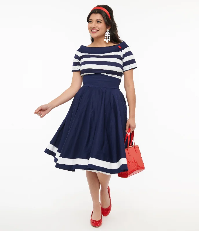 Strapless Women Dress with a Built - in Bra for Comfort and SupportDolly & Dotty 1950s Navy & White Striped Sailor Swing Dress