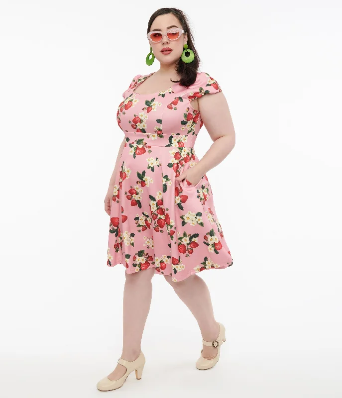 Strapless Women Dress with a Built - in Bra for Comfort and SupportDolly & Dotty 1950s Pink Strawberry Print Claudia Swing Dress