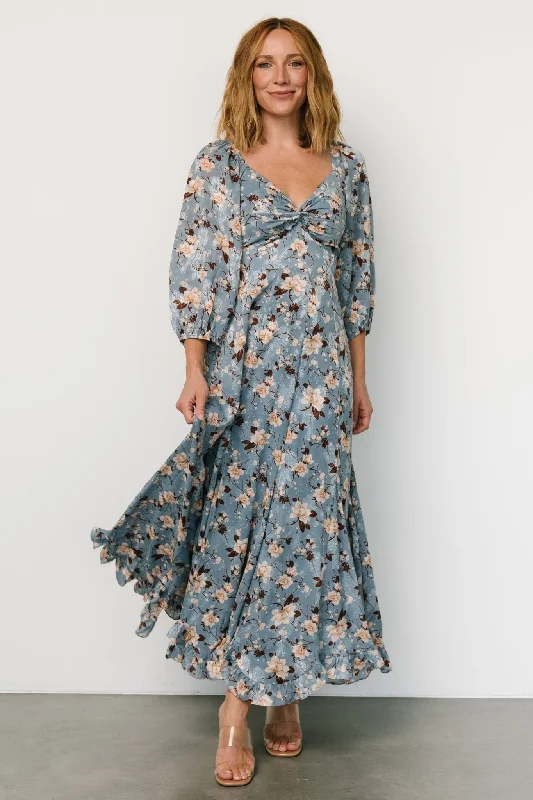 Printed Abstract Women Dress for a Modern and Artistic AppealEstefania Maxi Dress | Blue + Peach Floral