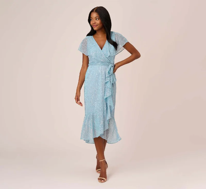 Mermaid - Style Women Dress with a Fitted Silhouette for Special OccasionsMermaid - Style Women Dress with a Fitted Silhouette for Special OccasionsFloral Metallic Stencil Midi-Length Mermaid Dress With Capelet In Light Blue