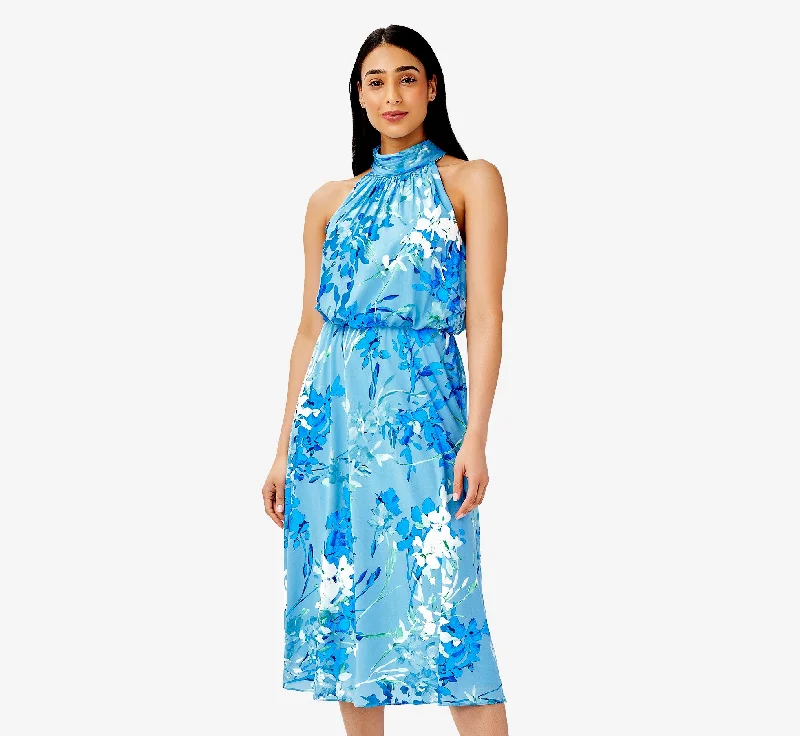 Backless Women Dress for a Sexy and Alluring Look at Evening EventsBackless Women Dress for a Sexy and Alluring Look at Evening EventsFloral-Print Mock Neck Midi-Length Chiffon Blouson Halter Dress In Peri Multi