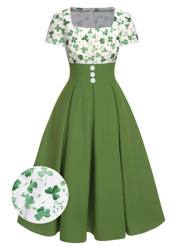 Plus Size Women Dress with a Flattering A - Line Cut for Comfort and StyleGreen 1950s Lucky Clover Buttoned Dress