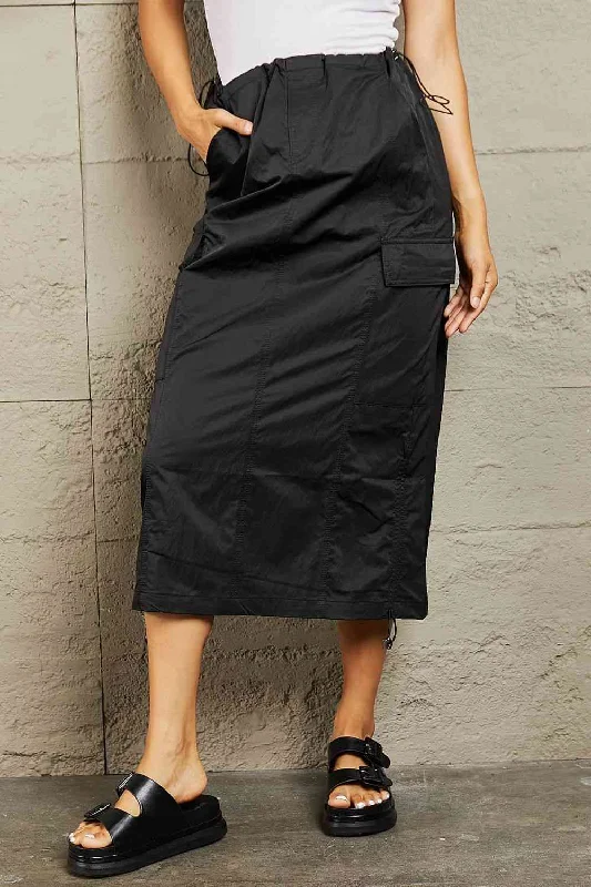 Wrap - Style Women Dress with Adjustable Fit for All Body Types Wrap - Style Women Dress with Adjustable Fit for All Body Types HYFVE Just In Time High Waisted Cargo Midi Skirt in Black