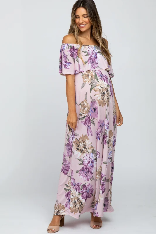 Plus Size Women Dress with a Flattering A - Line Cut for Comfort and Style Plus Size Women Dress with a Flattering A - Line Cut for Comfort and Style Lavender Floral Flounce Off Shoulder Maternity Maxi Dress