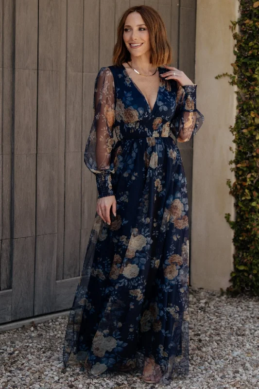 Maxi Women Dress with Floral Print for a Bohemian VibeLayla Tulle Maxi Dress | Blue + Golden Floral