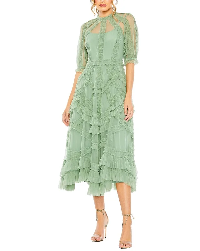 Printed Abstract Women Dress for a Modern and Artistic Appeal Printed Abstract Women Dress for a Modern and Artistic Appeal Mac Duggal High Neck Puff Sleeve Ruffle Tiered Dress