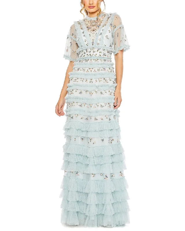 Sleeveless Women Dress in Bright Colors for Summer Parties Sleeveless Women Dress in Bright Colors for Summer Parties Mac Duggal High Neck Ruffle Tiered Floral Gown