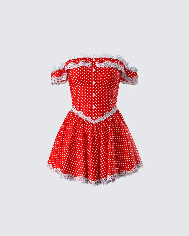 Shift Women Dress with a Simple and Classic Design for Everyday WearMasami Red Polka Dot Off Shoulder Dress