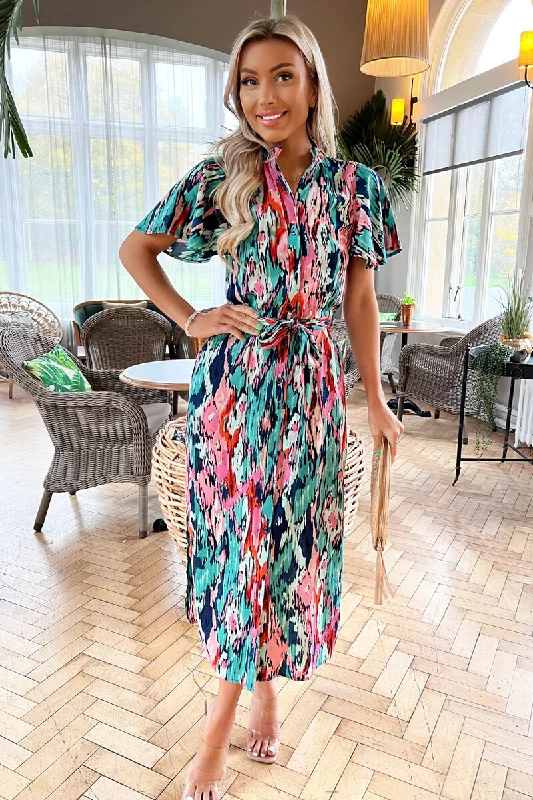 Backless Women Dress for a Sexy and Alluring Look at Evening EventsMulti Abstract Printed Tie Waist Short Sleeve Shirt Dress