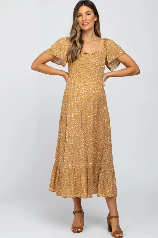 Sheath Women Dress with a Tailored Fit for a Professional Look Sheath Women Dress with a Tailored Fit for a Professional Look Mustard Floral Smocked Maternity Maxi Dress