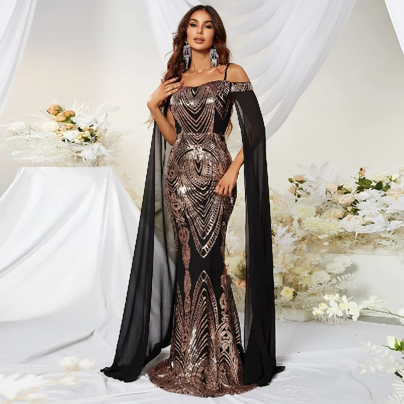 Long - Sleeve Women Dress in Velvet for a Luxurious Winter Look Long - Sleeve Women Dress in Velvet for a Luxurious Winter Look NiDELL European and American New Dress Sequin off-the-Shoulder Sling Ball Evening Dress Waist Hip-Wrapped Fishtail Dress-Sst2006