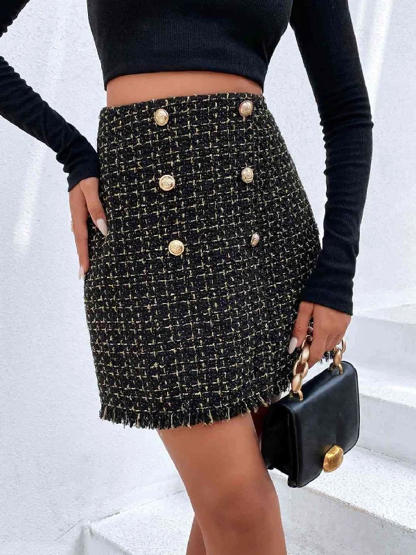 Sleeveless Women Dress in Bright Colors for Summer Parties Sleeveless Women Dress in Bright Colors for Summer Parties Plaid Double-Breasted Fringe Hem Skirt