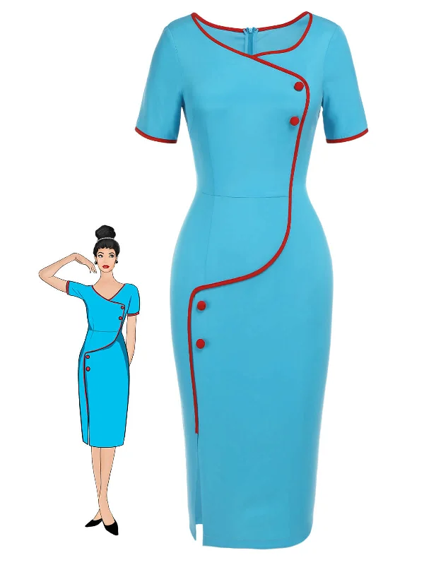 Mermaid - Style Women Dress with a Fitted Silhouette for Special OccasionsRoyal Blue & Red 1960s Button Pencil Dress