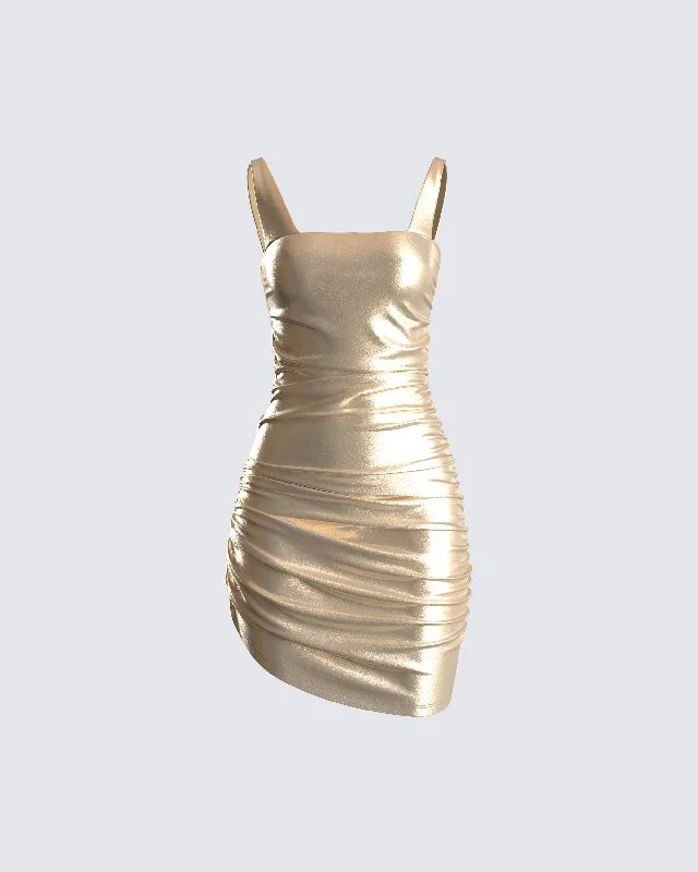 Printed Abstract Women Dress for a Modern and Artistic AppealSaira Metallic Gold Drape Dress