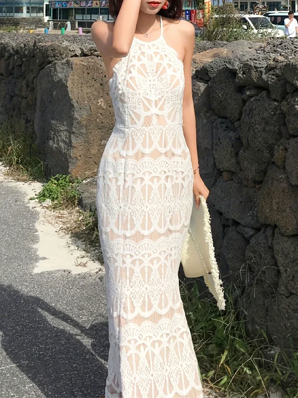 Pleated Women Dress with a Timeless and Elegant Texture Pleated Women Dress with a Timeless and Elegant Texture Scallop Trim Crew Neck Dress, Vacation Style Backless Cross Spaghetti Strap Sheath Dress For Spring & Summer, Women's Clothing