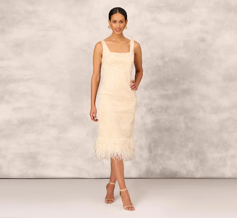 Off - the - Shoulder Women Dress for a Romantic and Feminine LookOff - the - Shoulder Women Dress for a Romantic and Feminine LookSequined And Embroidered Midi-Length Sheath Cocktail Dress With Feather Trim In Champagne