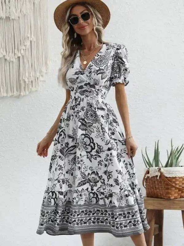 Off - the - Shoulder Women Dress for a Romantic and Feminine Look Off - the - Shoulder Women Dress for a Romantic and Feminine Look All-over positioning print printed puff-sleeved maxi-neck dress