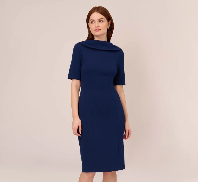 Wrap - Style Women Dress with Adjustable Fit for All Body TypesWrap - Style Women Dress with Adjustable Fit for All Body TypesShort Sleeve Crepe Dress With Rolled Neck In Navy Sateen