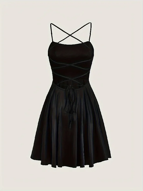 Pleated Women Dress with a Timeless and Elegant Texture Pleated Women Dress with a Timeless and Elegant Texture Sixsr  Lace Up Spaghetti Strap Dress, Elegant Solid Backless Cami Dress, Women's Clothing