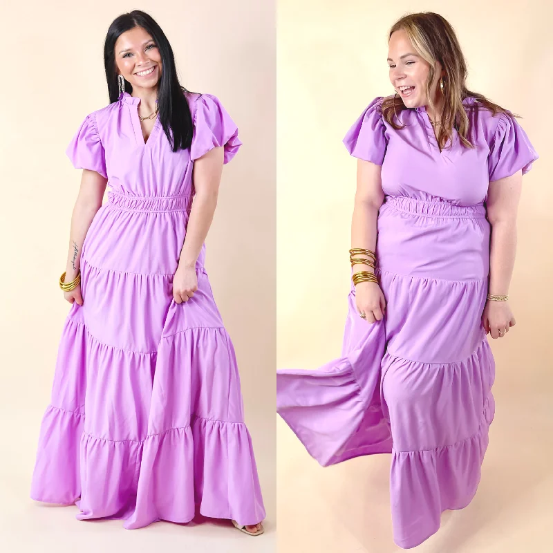 Ball Gown Women Dress with a Full Skirt for a Princess - like Look Ball Gown Women Dress with a Full Skirt for a Princess - like Look Table for Two Tiered Maxi Dress with Puff Sleeves in Lavender Purple