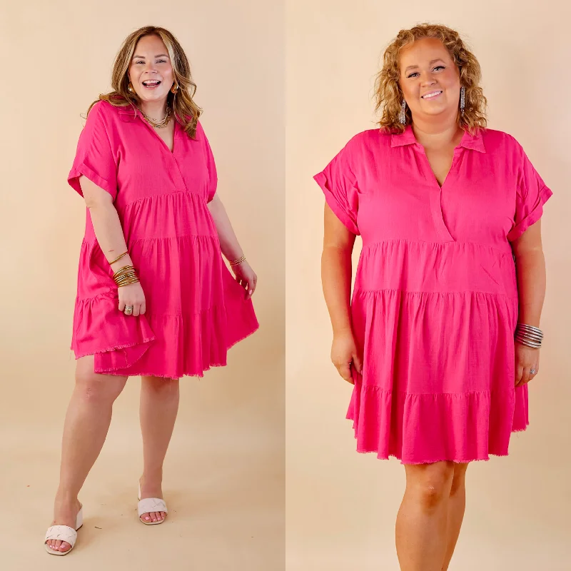 Pleated Women Dress with a Timeless and Elegant Texture Pleated Women Dress with a Timeless and Elegant Texture Taos Transitions Ruffle Tiered Collared Dress with Frayed Hem in Hot Pink