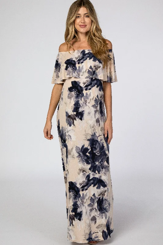 Lace - Embellished Women Dress for an Elegant and Sophisticated Appearance Lace - Embellished Women Dress for an Elegant and Sophisticated Appearance Taupe Navy Floral Off Shoulder Maternity Maxi Dress