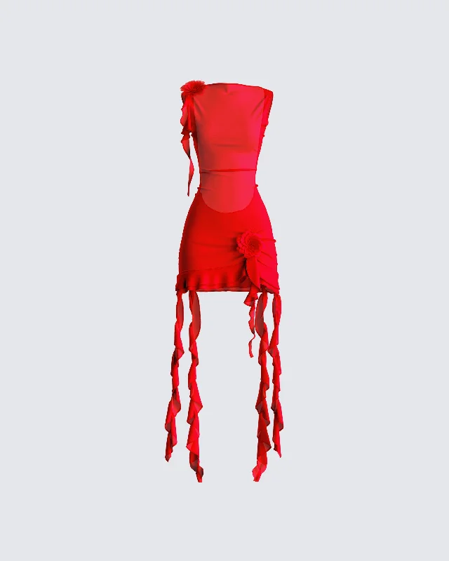 Strapless Women Dress with a Built - in Bra for Comfort and SupportStrapless Women Dress with a Built - in Bra for Comfort and SupportTiana Red Ruffle Rosette Dress