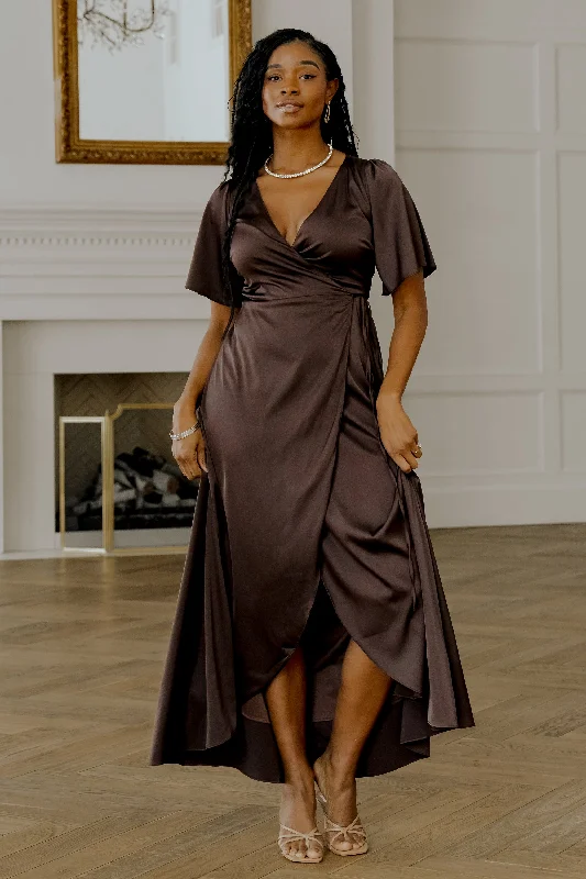 Ruffled Women Dress with Multiple Layers for a Playful and Girly StyleRuffled Women Dress with Multiple Layers for a Playful and Girly StyleVara Satin Maxi Wrap Dress | Espresso