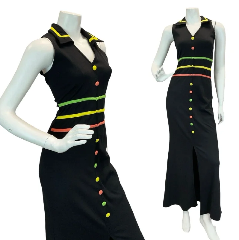 Halter Neck Women Dress to Show Off the Shoulders and Neckline Halter Neck Women Dress to Show Off the Shoulders and Neckline VTG 90S 70S GLAM ROCK STYLE CLUB BLACK ORANGE GREEN YELLOW MAXI DRESS 10
