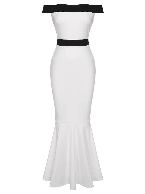 Mini Women Dress with a Short Hem for a Young and Trendy StyleWhite 1930s Off-Shoulder Fishtail Dress