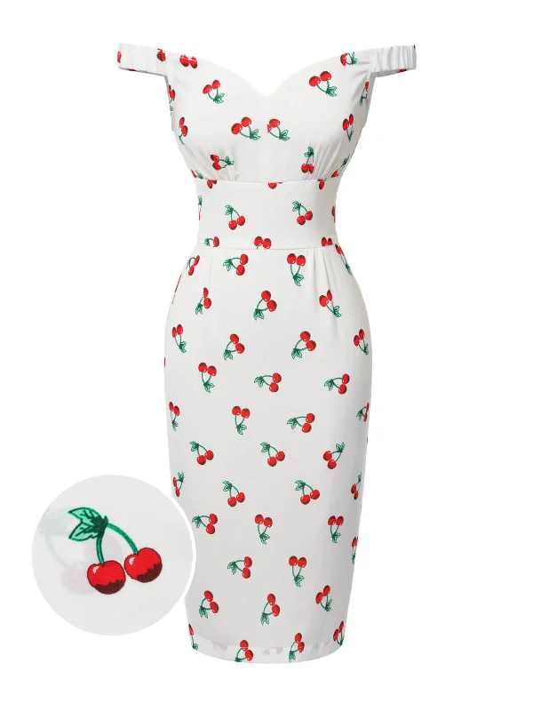 Maxi Women Dress with Floral Print for a Bohemian VibeMaxi Women Dress with Floral Print for a Bohemian VibeWhite 1960s Cherry Off-Shoulder Pencil Dress
