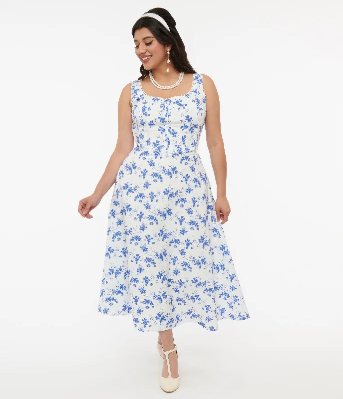 Halter Neck Women Dress to Show Off the Shoulders and NecklineWhite & Blue Floral Cotton Midi Dress