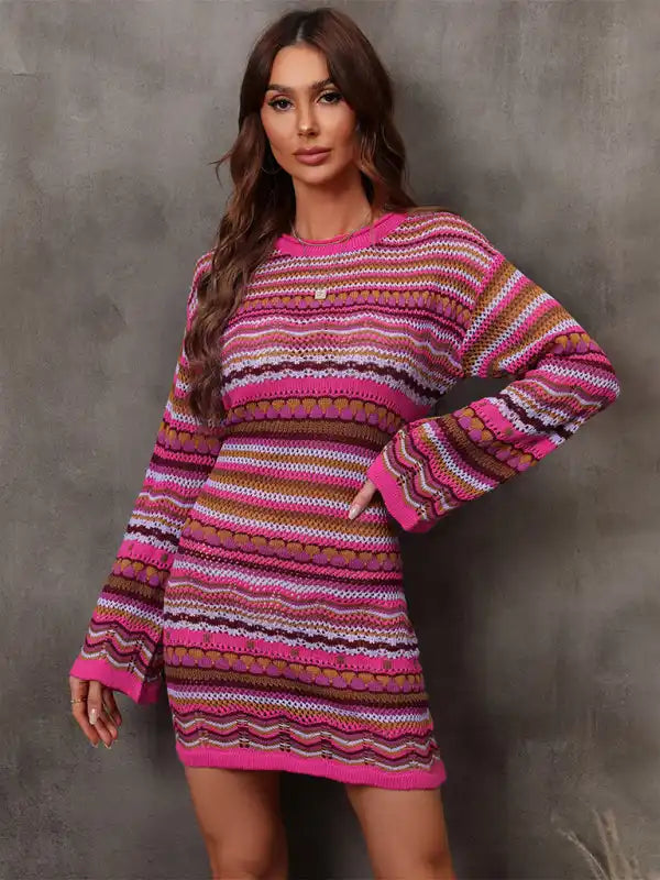 Ball Gown Women Dress with a Full Skirt for a Princess - like Look Ball Gown Women Dress with a Full Skirt for a Princess - like Look Women’s hollow patchwork striped long knitted dress