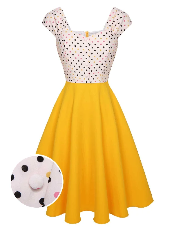 Plus Size Women Dress with a Flattering A - Line Cut for Comfort and StyleYellow 1950s Polka Dots Button Dress