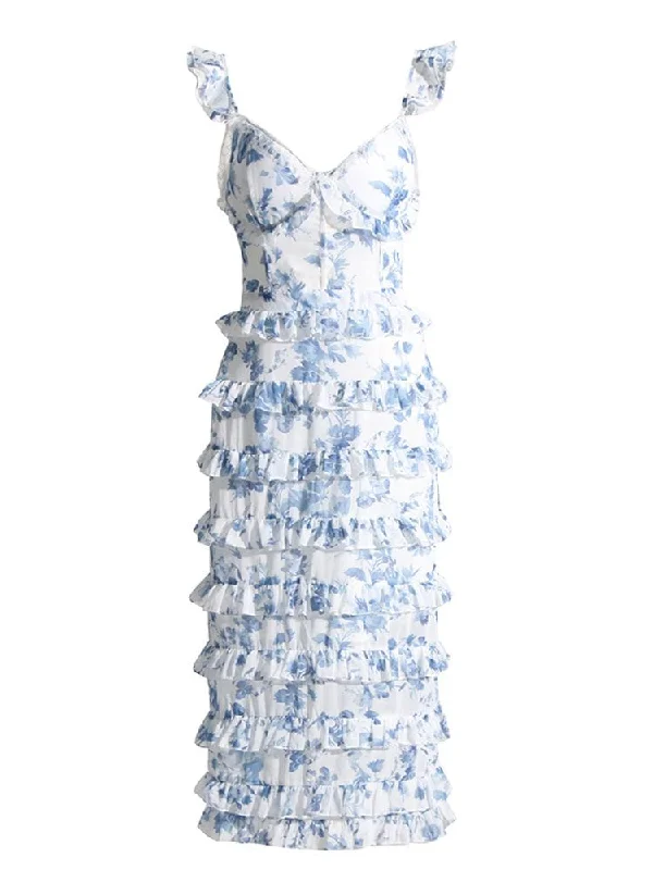 Lace - Embellished Women Dress for an Elegant and Sophisticated AppearanceAbi V Neck Corset Midi Dress - Blue Floral