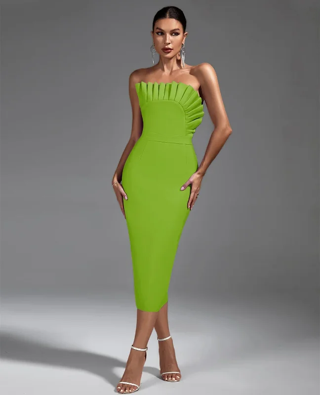 Wrap - Style Women Dress with Adjustable Fit for All Body TypesWrap - Style Women Dress with Adjustable Fit for All Body Types“Anai” Green Strapless Pleated Midi Bandage Dress