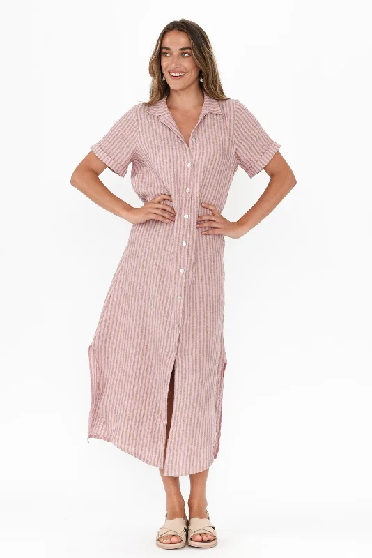 Strapless Women Dress with a Built - in Bra for Comfort and SupportAries Beige Stripe Linen Shirt Dress