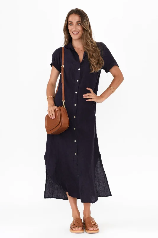 Empire Waist Women Dress to Accentuate the Bust and Conceal the WaistAries Navy Linen Shirt Dress