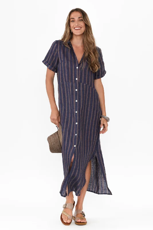 Pleated Women Dress with a Timeless and Elegant TextureAries Navy Stripe Linen Shirt Dress